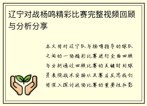 辽宁对战杨鸣精彩比赛完整视频回顾与分析分享